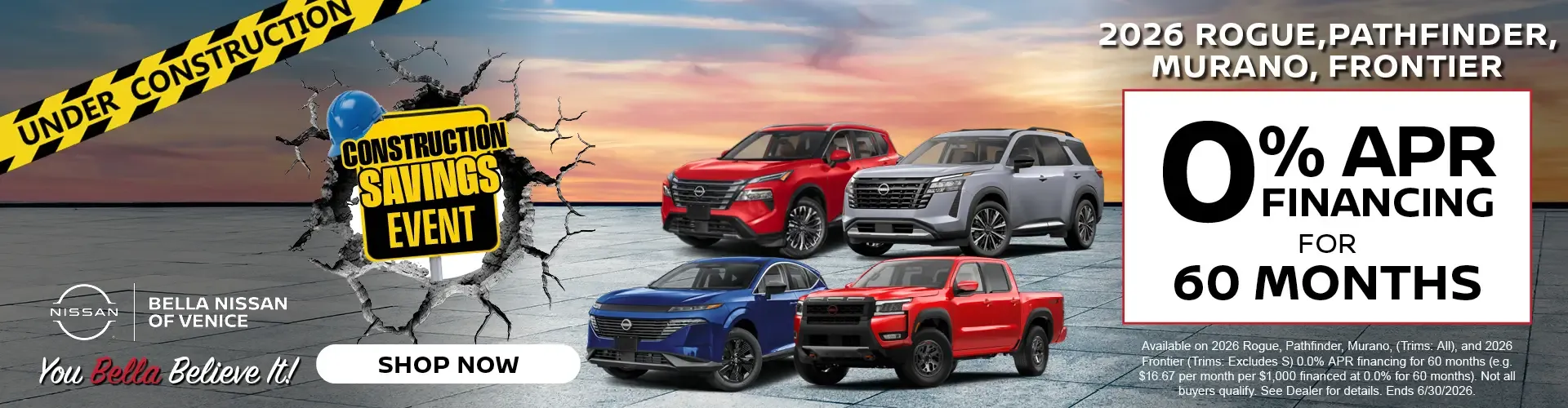 Bella Nissan of Venice zero percent financing for 60 months on the 2026 Rogue, Pathfinder, Murano, and Frontier.